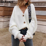 BeAvant Cárdigan de punto sexy con cuello en v para mujer Botones casuales Manga de murciélago Cárdigan con suéter blanco Elegante otoño damas suéteres tops