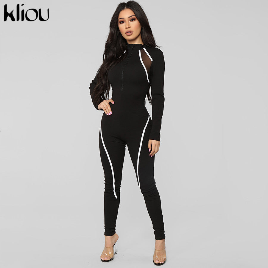 Kliou mono de manga completa para mujer tejido de malla patchwork elásticos flacos mamelucos 2019 casual cremallera fly cuello alto body largo