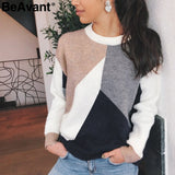 BeAvant Suéter casual con cuello en o suéter Patchwork de punto suéter de manga larga para mujer 2019 Inglaterra damas elegante cálido suéter de invierno