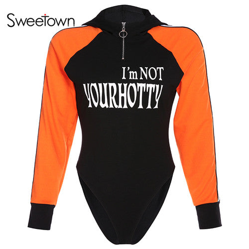Sweetown Moto y motorista capucha rayada remiendo Body Contraste Color del cuerpo de las mujeres de impresión de letras de manga larga Body otoño