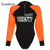 Sweetown Moto y motorista capucha rayada remiendo Body Contraste Color del cuerpo de las mujeres de impresión de letras de manga larga Body otoño