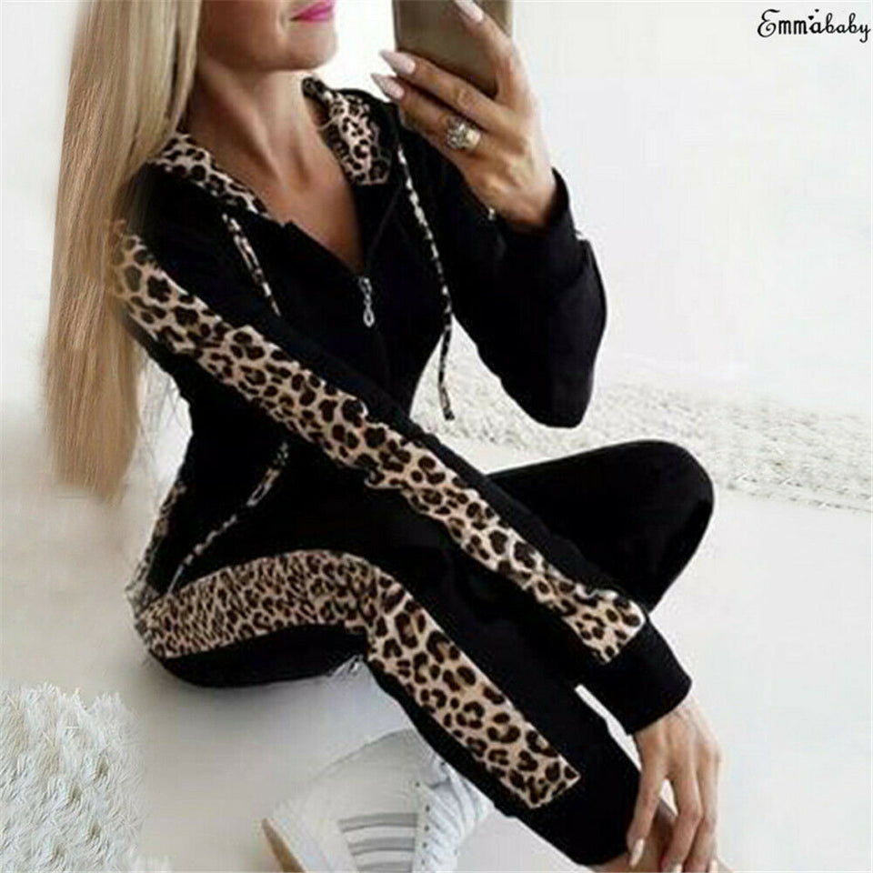 Moda Retro Casual 2 Unids Mujeres Leopardo Manga Larga Con Capucha Deportes Tops Pantalones Chándal Sudadera Traje de Jogging caliente