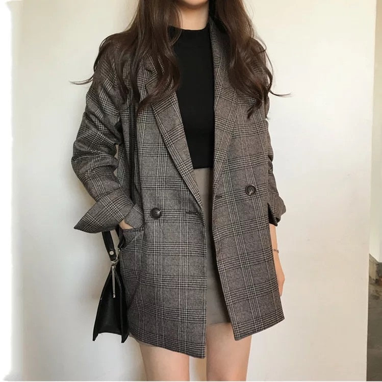 Chaqueta de algodón de manga larga a cuadros para mujer chaqueta vintage casual de cuadros