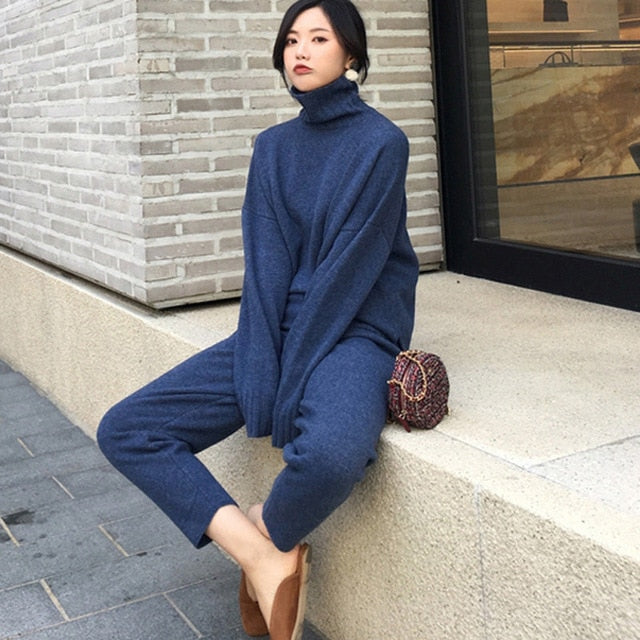 Pantalones de suéter casual Conjunto de 2 piezas de punto Jerseys de cuello alto y pantalones de cintura elástica Conjuntos de suéter de mujer 2019 Conjunto de punto de otoño