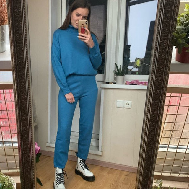 Pantalones de suéter casual Conjunto de 2 piezas de punto Jerseys de cuello alto y pantalones de cintura elástica Conjuntos de suéter de mujer 2019 Conjunto de punto de otoño