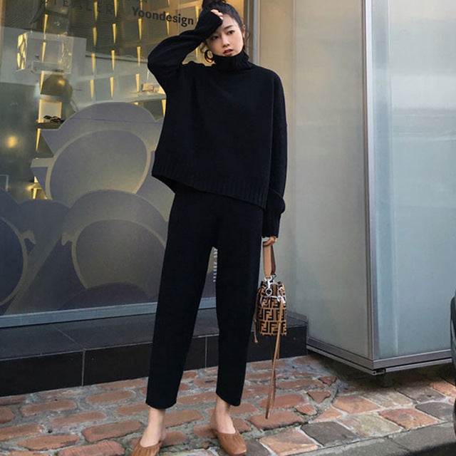 Pantalones de suéter casual Conjunto de 2 piezas de punto Jerseys de cuello alto y pantalones de cintura elástica Conjuntos de suéter de mujer 2019 Conjunto de punto de otoño