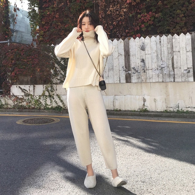 Pantalones de suéter casual Conjunto de 2 piezas de punto Jerseys de cuello alto y pantalones de cintura elástica Conjuntos de suéter de mujer 2019 Conjunto de punto de otoño