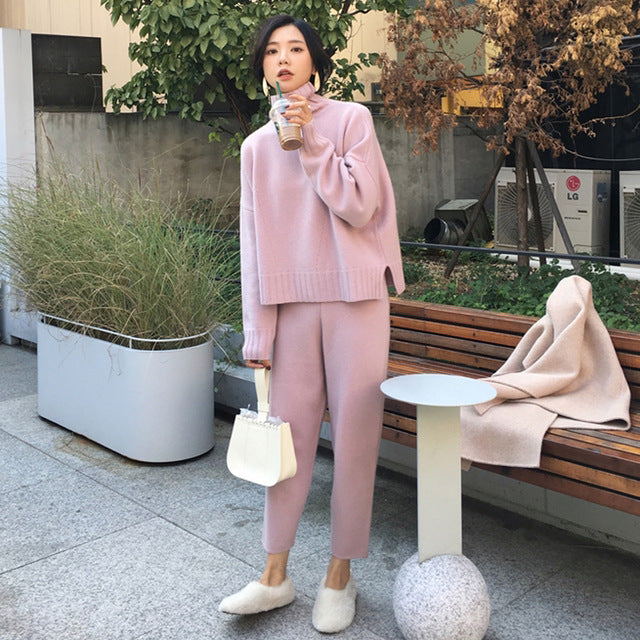 Pantalones de suéter casual Conjunto de 2 piezas de punto Jerseys de cuello alto y pantalones de cintura elástica Conjuntos de suéter de mujer 2019 Conjunto de punto de otoño