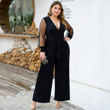 Jumpsuits elegantes de talla grande para mujer Pantalones largos mamelucos Office Lady de corte bajo con cuello en v de una pieza Slim Sexy mono de pierna ancha mono