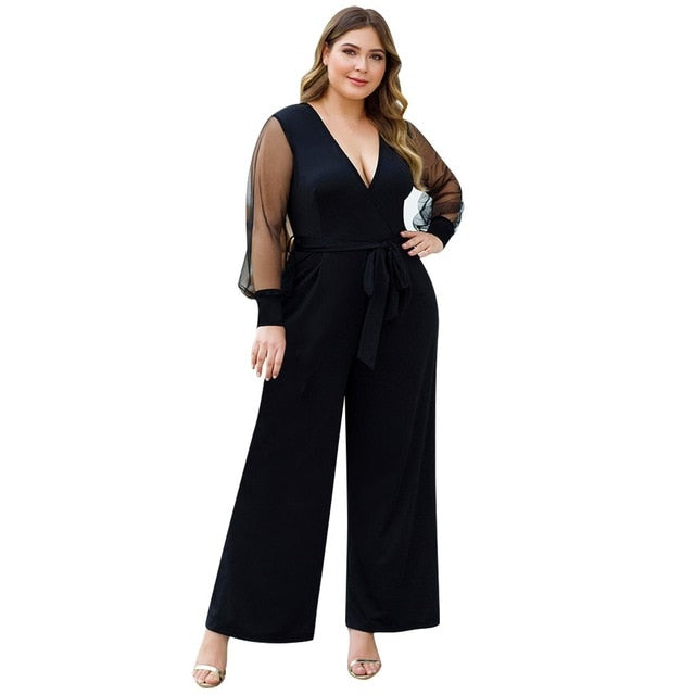 Jumpsuits elegantes de talla grande para mujer Pantalones largos mamelucos Office Lady de corte bajo con cuello en v de una pieza Slim Sexy mono de pierna ancha mono