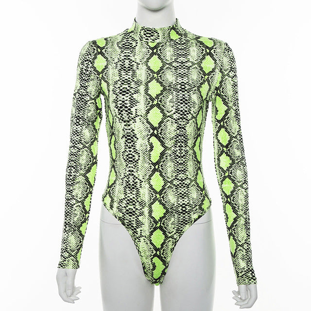 ZHYMIR Body de estampado de serpiente verde neón sexy Mono de mujer de manga larga con cuello en O Combinación de cuerpo femenino Femme Serpentina en general