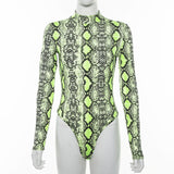 ZHYMIR Body de estampado de serpiente verde neón sexy Mono de mujer de manga larga con cuello en O Combinación de cuerpo femenino Femme Serpentina en general